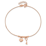 Sterling Silver Rose-Tone Heart Lock Anklet