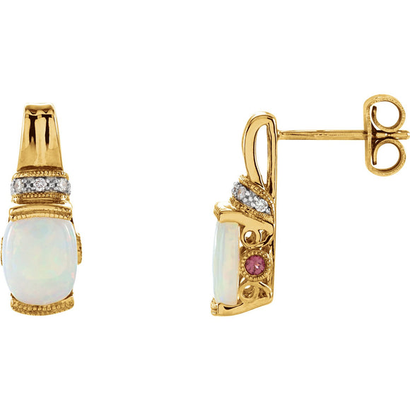 14K Yellow Gold Opal & Pink Tourmaline Earrings 