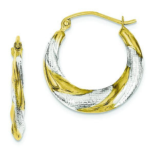 10K Yellow Gold & Rhodium Twist Hollow Hoop Earrings 