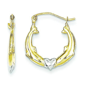 10K Yellow Gold & Rhodium Dolphin Heart Hollow Hoop Earrings 