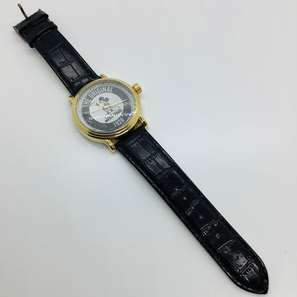 Disney Adult Gold-tone Mickey Mouse 1928 Black Leather Band Watch