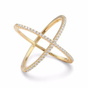 18 Karat Gold Tone Criss Cross "X" Ring Signity Cubic Zirconia