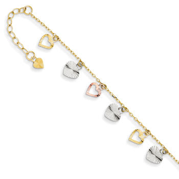 14K Tri-Color 9in Plus 1in ext Heart Anklet