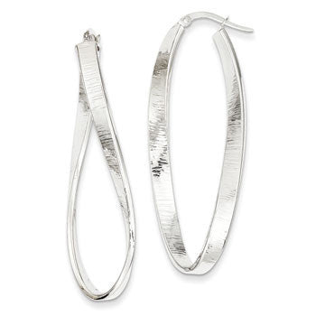 14K White Gold Textured Twisted Oval Hoop Earrings 
