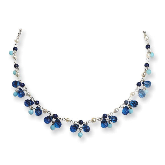 Sterling Silver Blue Crystal/Lapis/Amazonite/FW Cultured Pearl Necklace from Miles Beamon Jewelry - Miles Beamon Jewelry