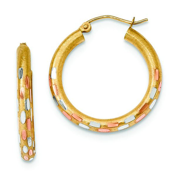 14K Yellow Gold With Rose And White Rhodium D/C  Hoop Earrings