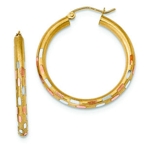 14K Yellow Gold With White And Rose Rhodium D/C Hoop Earrings 