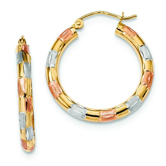 14K Yellow Gold With White And Rose Rhodium D/C Hoop Earring