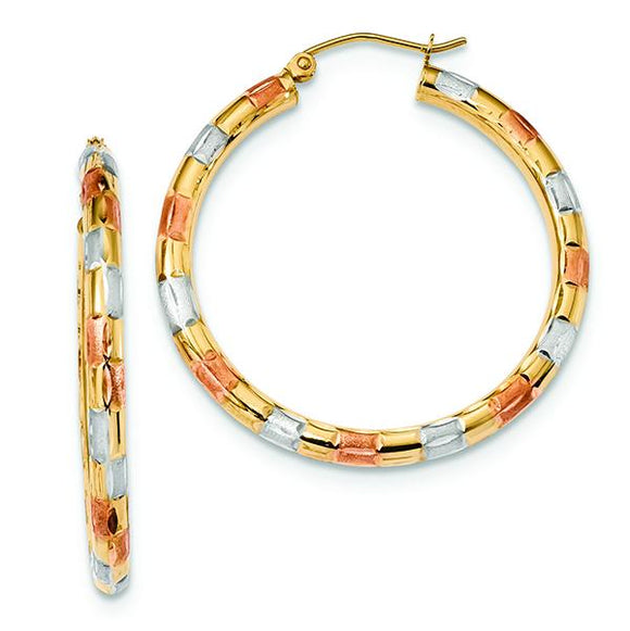14K Yellow Gold With White and Rose Rhodium D/C Hoop Earrings 